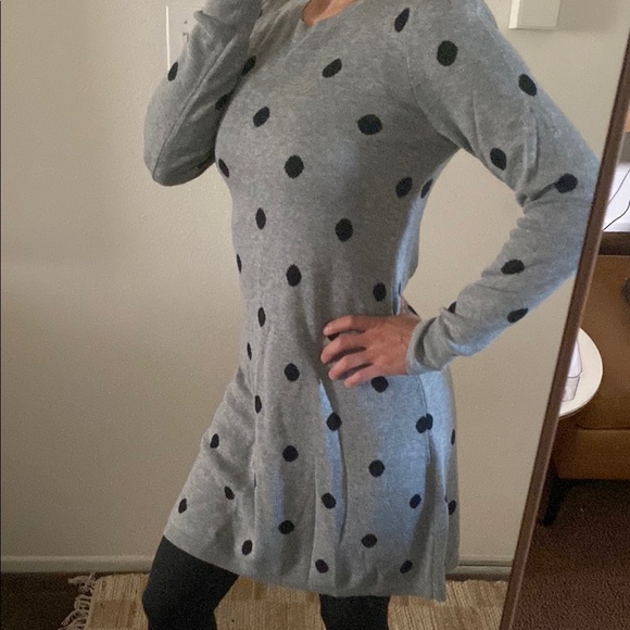 LOFT Gray and Black Polka Dot Long Sleeve Sweater Dress - Picture 4 of 6